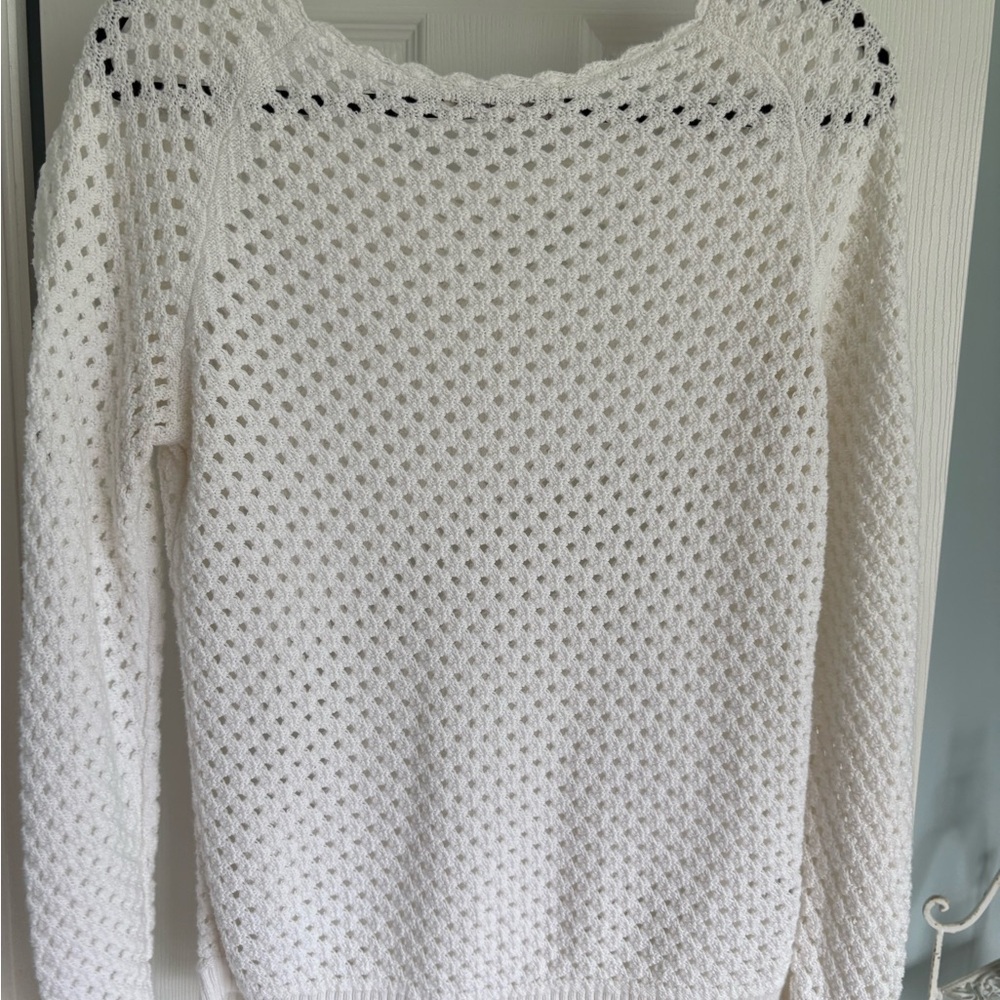 LOFT White Crew Neck Sweater with Open-Weave Design